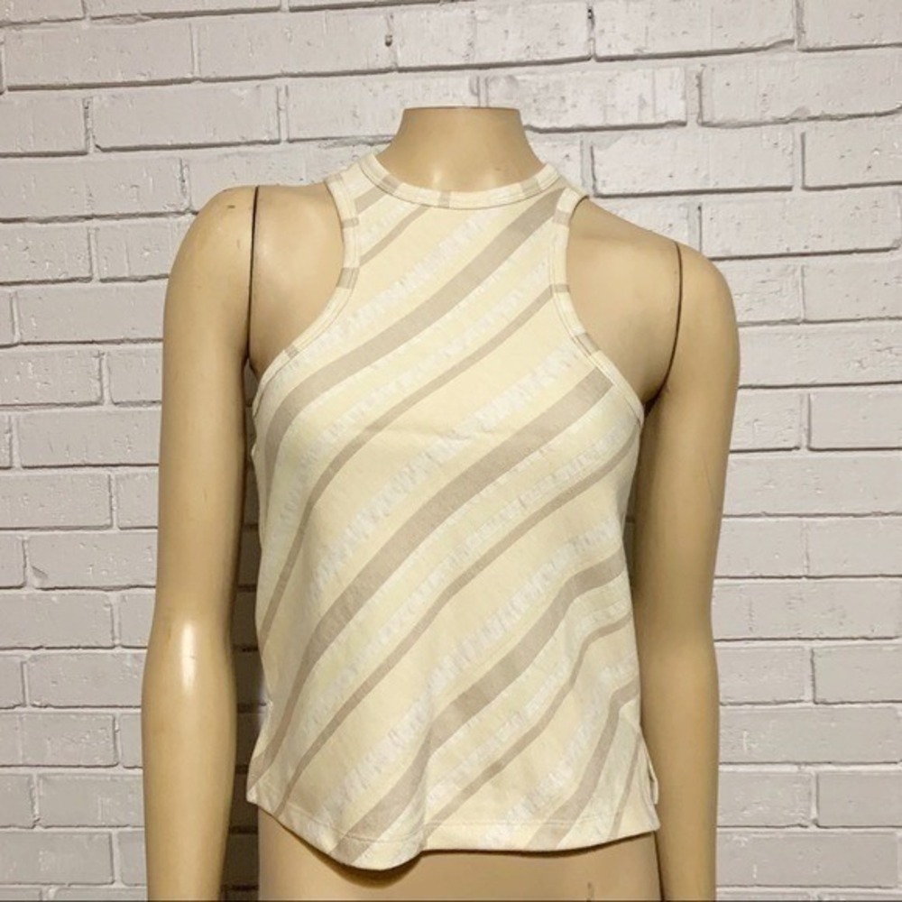 Free People Cream Tan Diagonal Striped High Neck Racerback Ribbed Tank Top XS